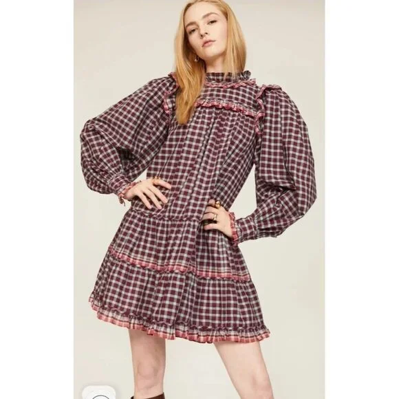 Ulla Johnson Elm Plaid Ruffle Mini Dress Size 8 Burgundy Check Long Sleeve - Picture 5 of 13